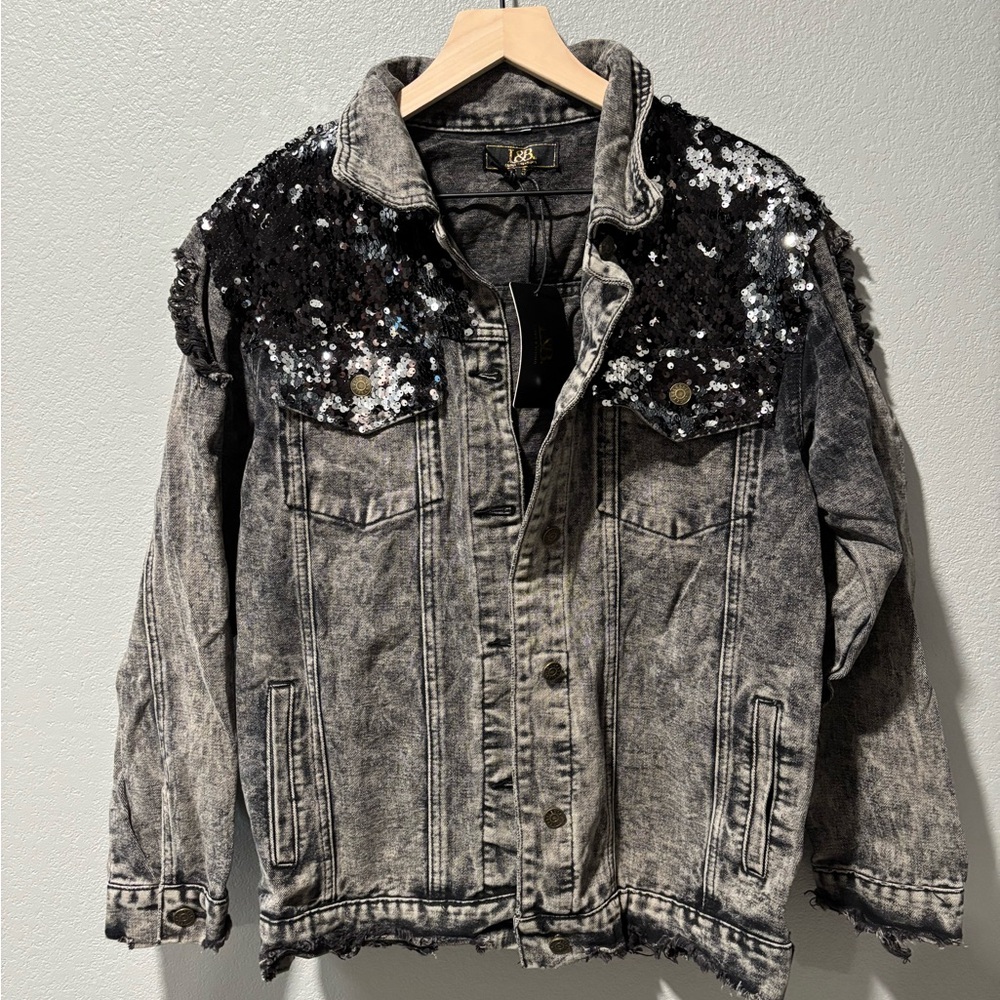 Black Sequin Distressed Denim Jacket NWT